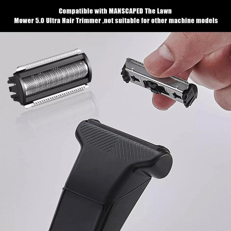 Replacement trimmer blade cartridge with mesh cutting drum, held beside trimmer handle