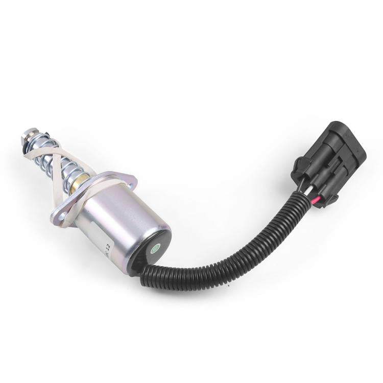 Shutdown solenoid and spring plunger with black wire harness and mounting flange