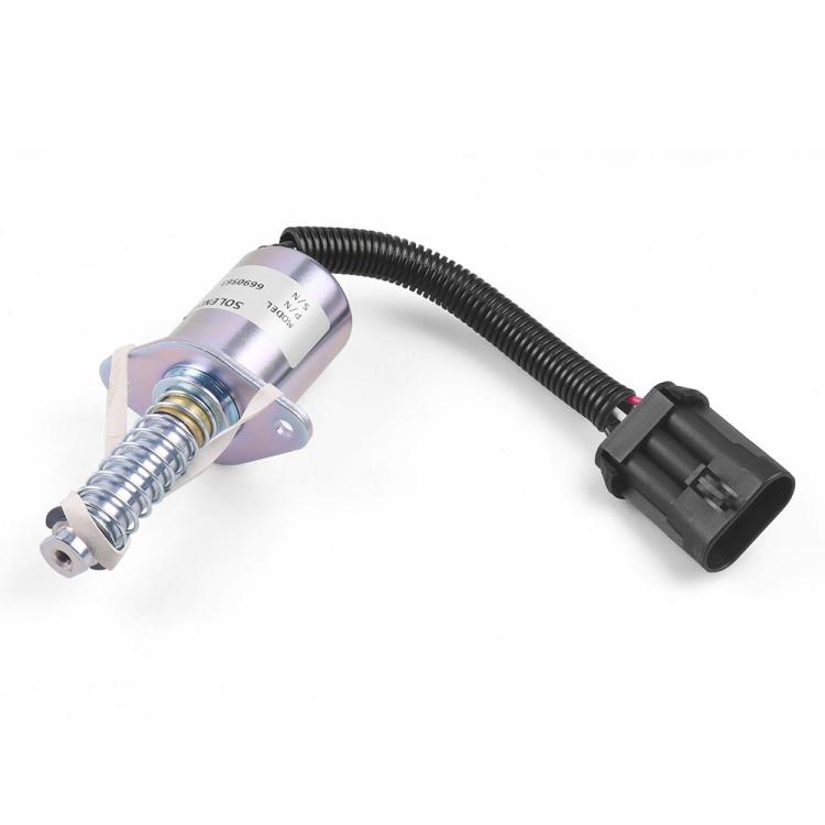 Shutdown solenoid with silver body, spring plunger, and black wire harness connector