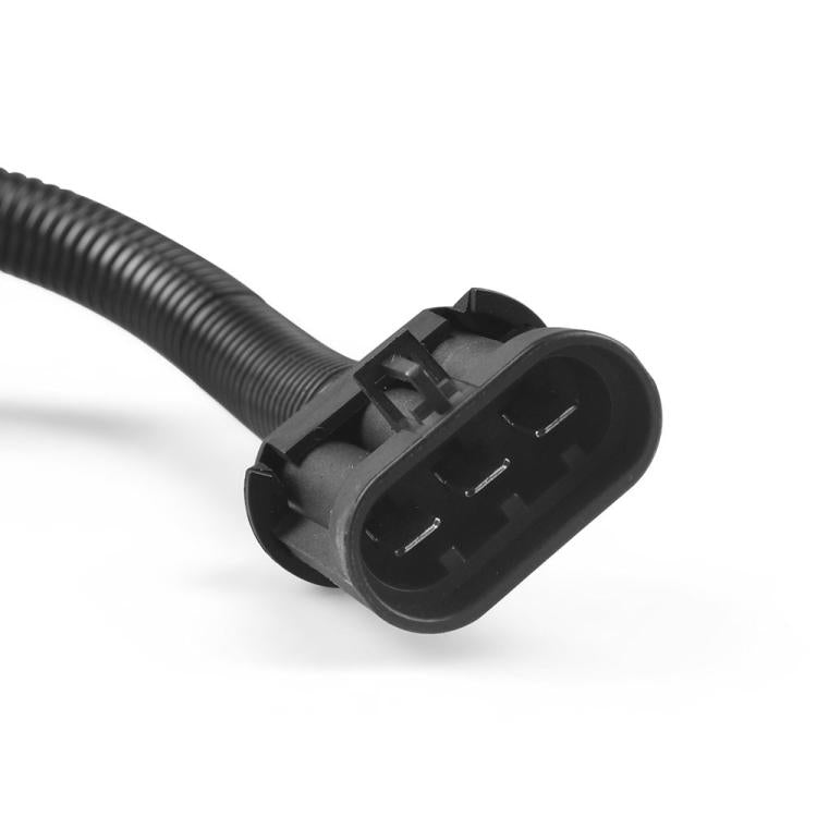 Black electrical connector end with two terminals on black wire harness