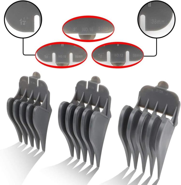 Gray guide comb attachments with 1in and 2in markings for Wahl trimmers