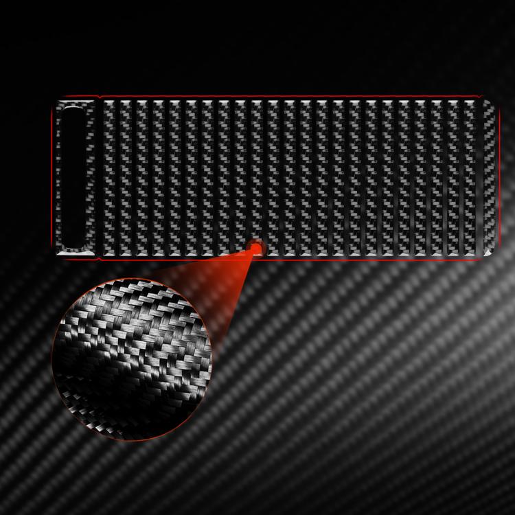 Storage compartment cover sticker panel, black textured strip with oval pull cutout
