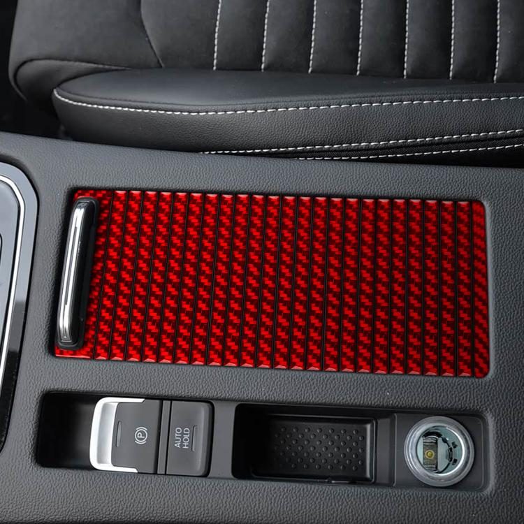Storage compartment cover sticker panel, red textured strip with oval pull cutout