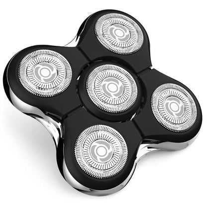 Replacement shaver heads with five circular foil cutters on a black rotary module