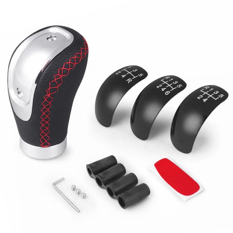 PU automotive shift knob with red stitched grip and silver metal base, 3-position dial