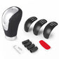 PU automotive shift knob with black stitched grip and silver metal base, 3-position dial