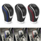 PU shift knob set of three with blue, black, and red stitched grips and chrome bases