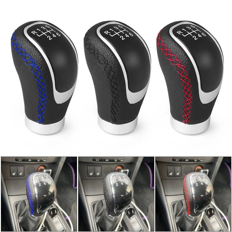 PU shift knob set of three with blue, black, and red stitched grips and chrome bases