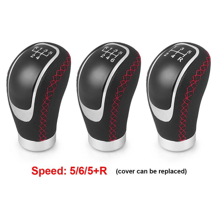 PU automotive shift knob with red stitched grip and numbered gear markings on top