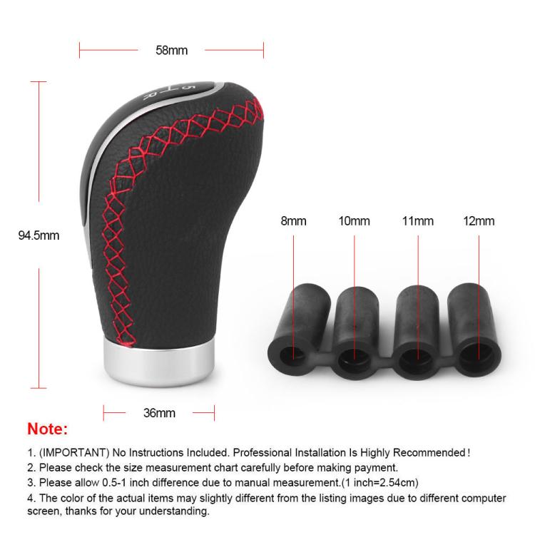 PU shift knob with red stitched grip shown with size diagram and replacement cover caps