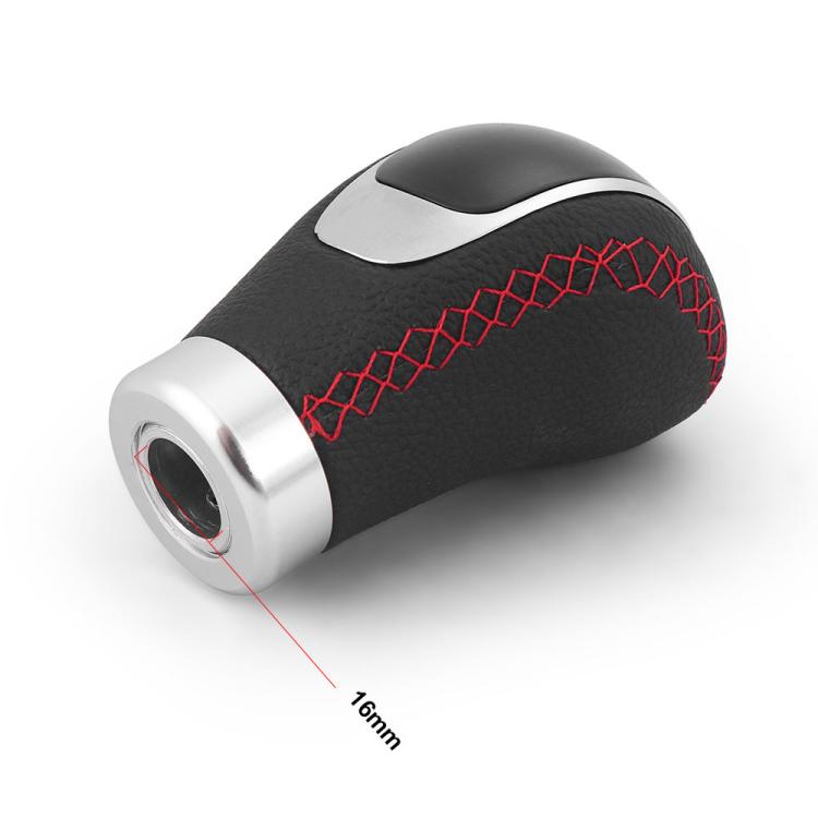 PU shift knob with red stitched diagonal pattern and chrome-ring base