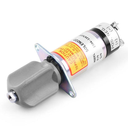 12V engine shutdown solenoid valve with gray mounting bracket and metal terminals