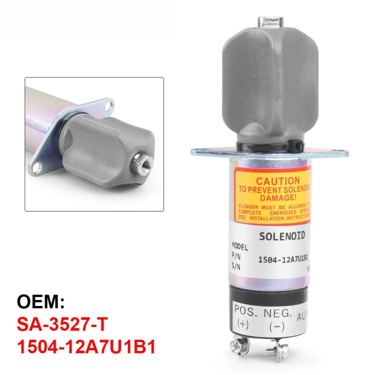 12V solenoid valve with gray cap, mounting plate, and visible cautions label