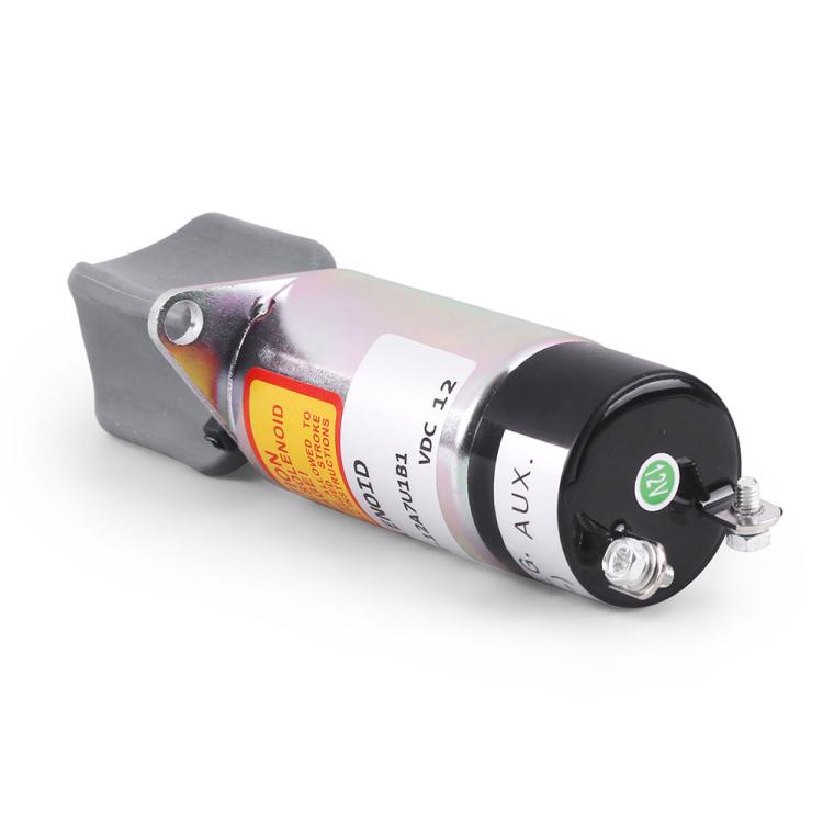 12V solenoid valve with black and gray housings, side mounting ear, and terminal screws