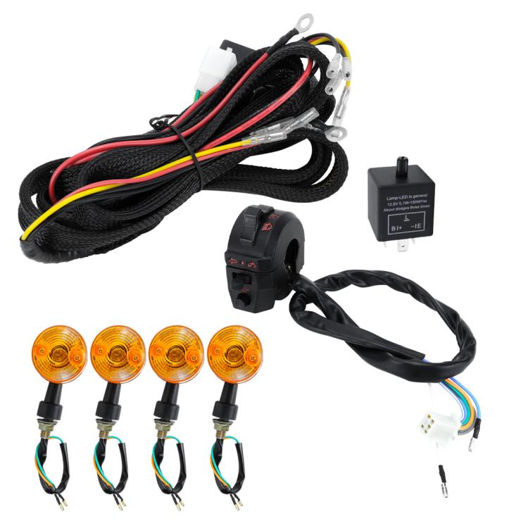 Motorcycle turn signal kit with amber lights, wiring harness, relay, indicator and horn set