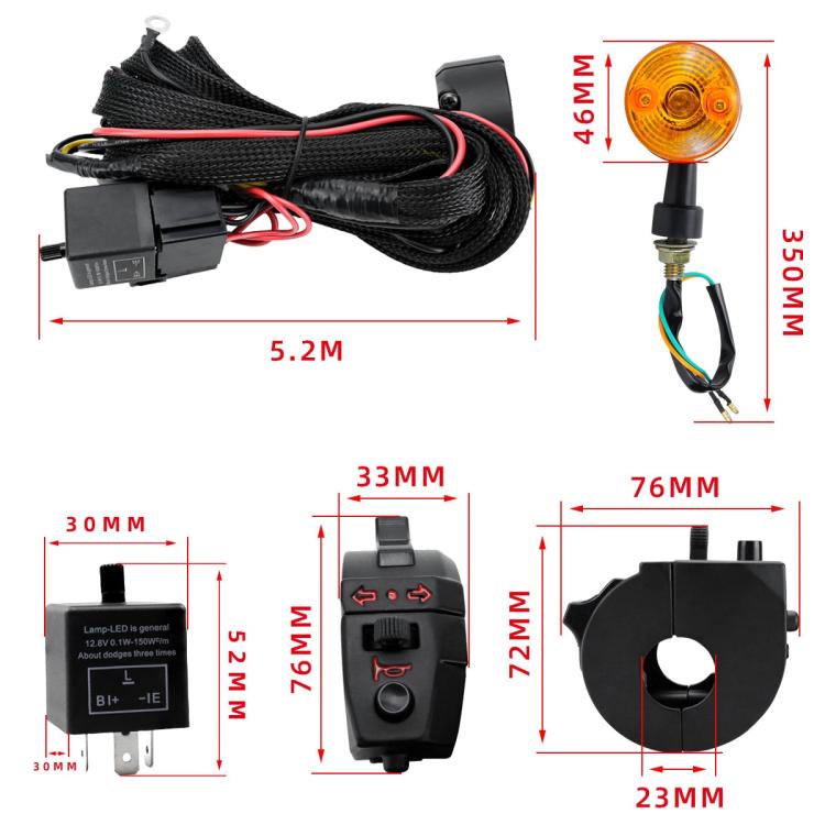 Motorcycle turn signal switch and four amber lights with wiring harness, shown with dimensions