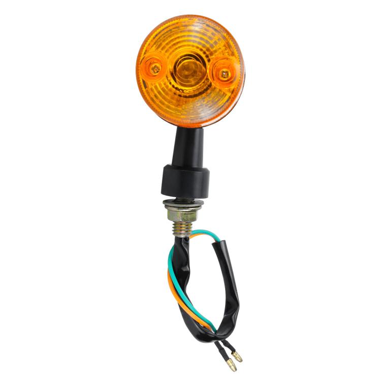 Amber motorcycle turn signal lamp with black mounting base and colored wire leads