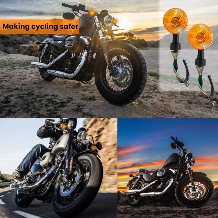 Motorcycle equipped with amber turn signal lamps and wiring harness kit on a road scene