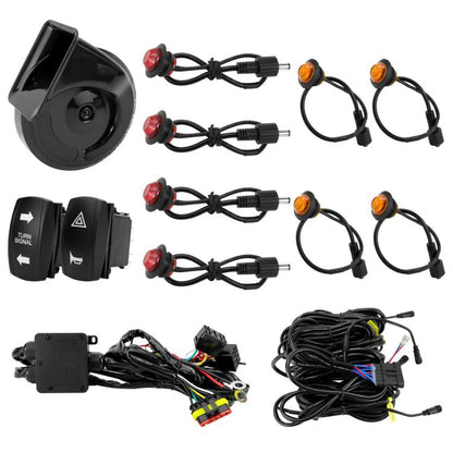 ATV LED turn signal horn kit with black control switches, horn, and wiring harness