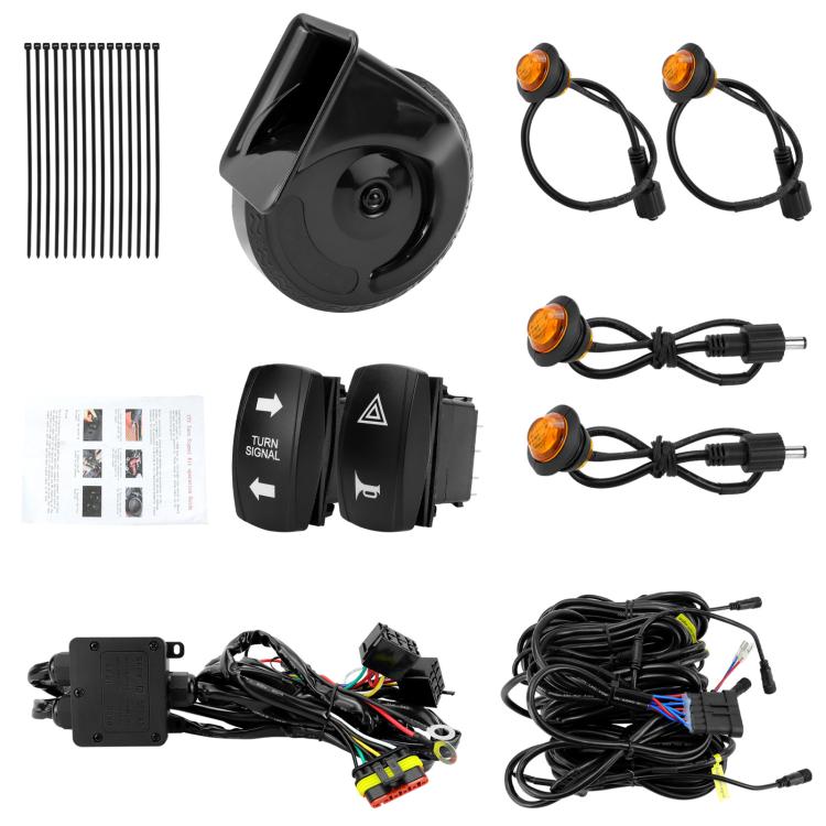 Black square horn and LED turn signal switch modules with bundled wiring harness