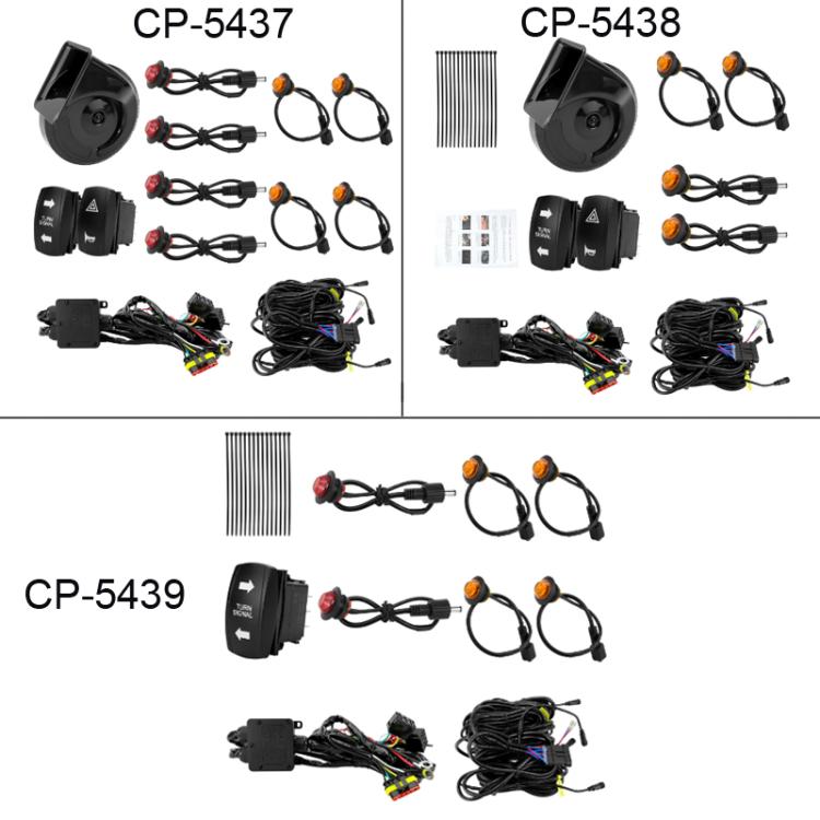 Black horn and LED turn signal switch kits with wiring harness and relay module