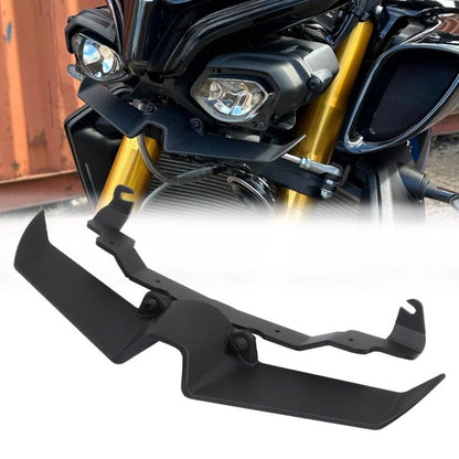 Black bird beak lower headlight fairing spoiler with mounting holes and brackets.