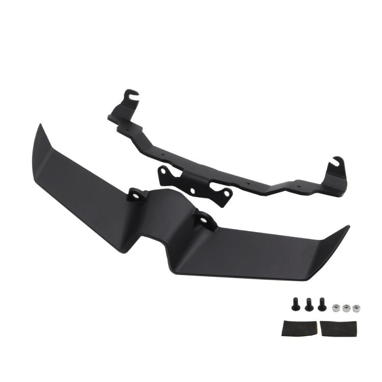 Black bird beak lower headlight fairing spoiler set with mounting hardware and bolts.