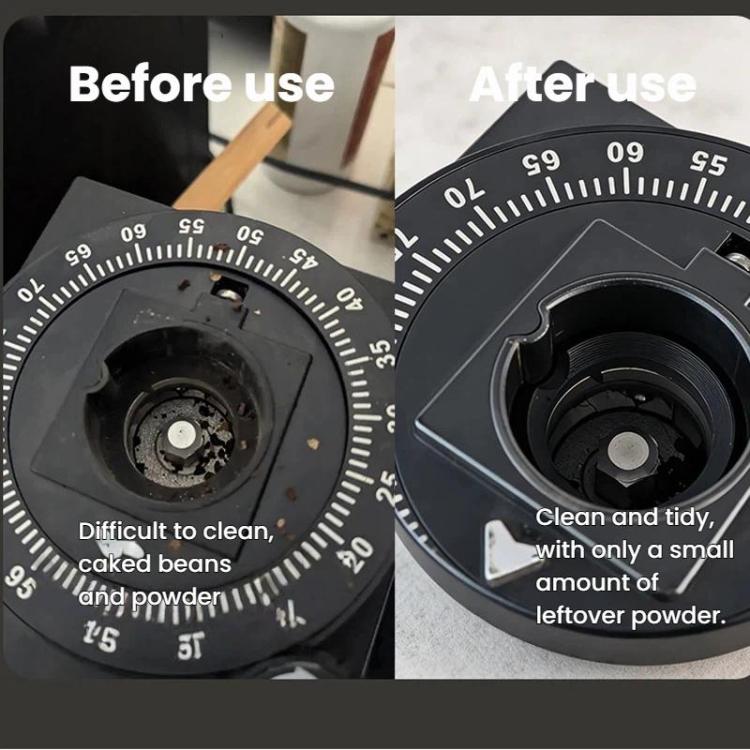 Burr carrier disc on grinder hopper, before-and-after view