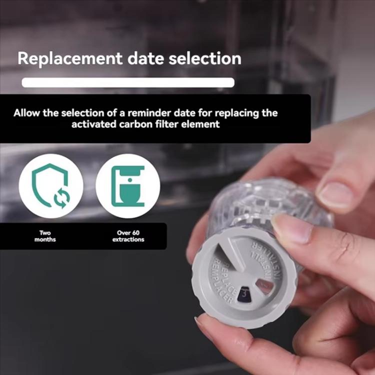 Activated carbon filter cartridge element in clear holder with round gray cap
