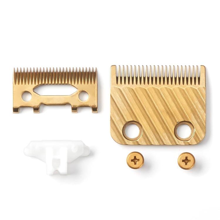 Gold replacement clipper blade set with two mounting holes, screws, and white clip