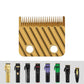 Gold replacement clipper blades with two round mounting holes and serrated teeth