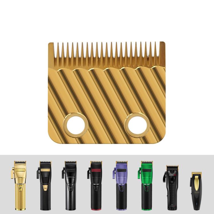 Gold replacement clipper blades with two round mounting holes and serrated teeth