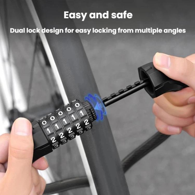 Bike cable lock with password dials and keyless combination wheel, held by hand