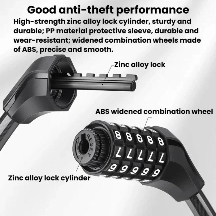 Password cable lock showing zinc alloy lock cylinder and ABS combination wheel