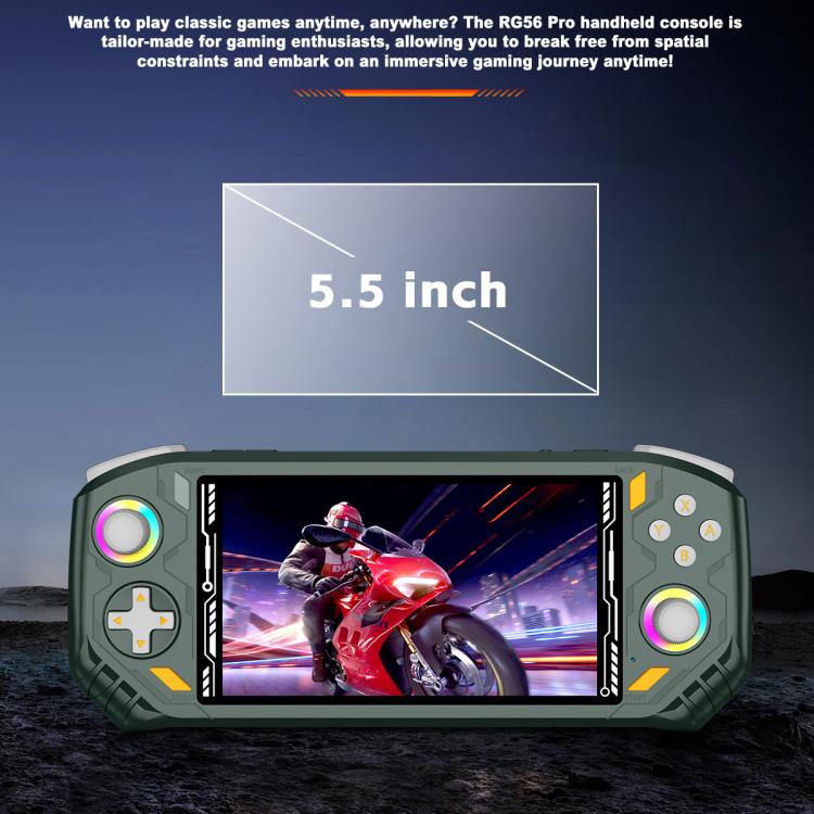 Green handheld game console with central screen and two thumbstick controllers