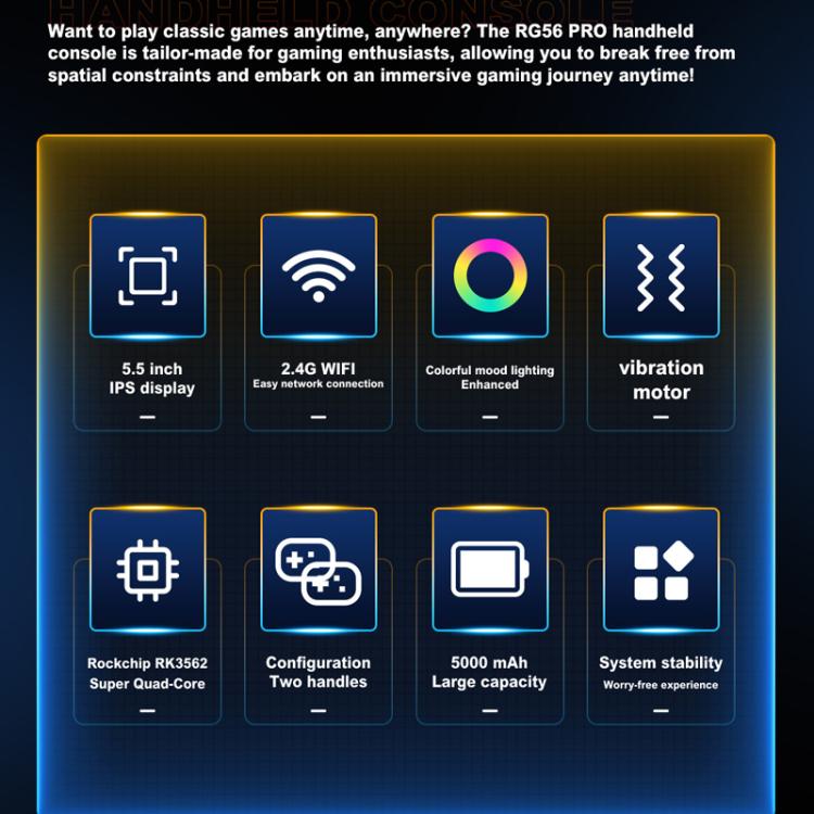 Handheld game console feature icons infographic: display, WiFi, lighting, vibration, capacity