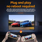 Handheld game console connecting to TV with two controllers in hands and screen output