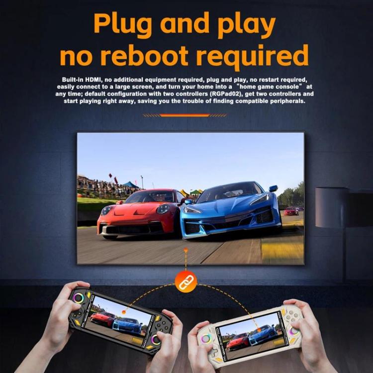 Handheld game console connecting to TV with two controllers in hands and screen output