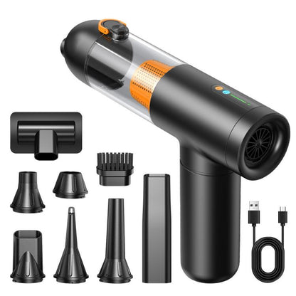 Handheld car vacuum cleaner in black and silver with orange filter and nozzle attachments set