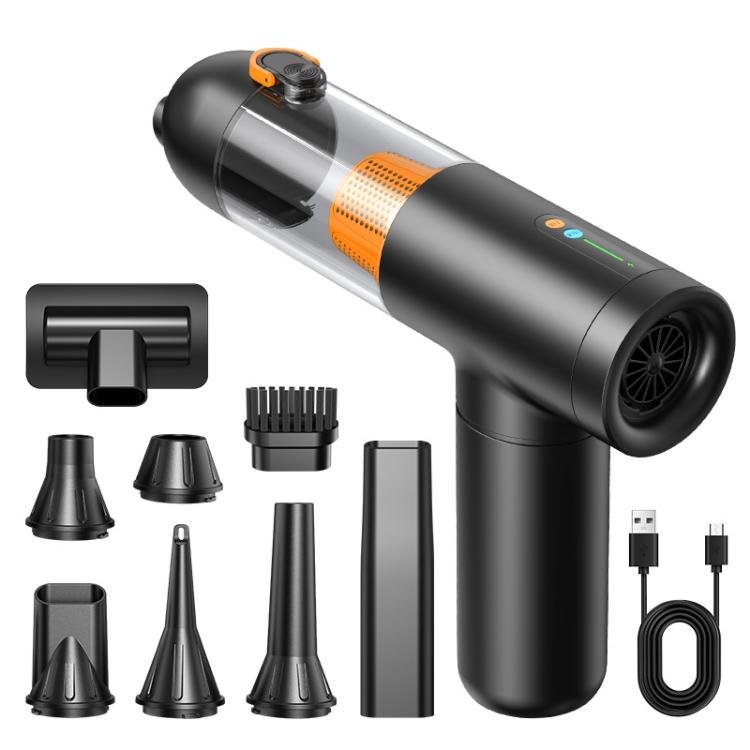 Handheld car vacuum cleaner with orange filter, included nozzles, and Type-C charging cable