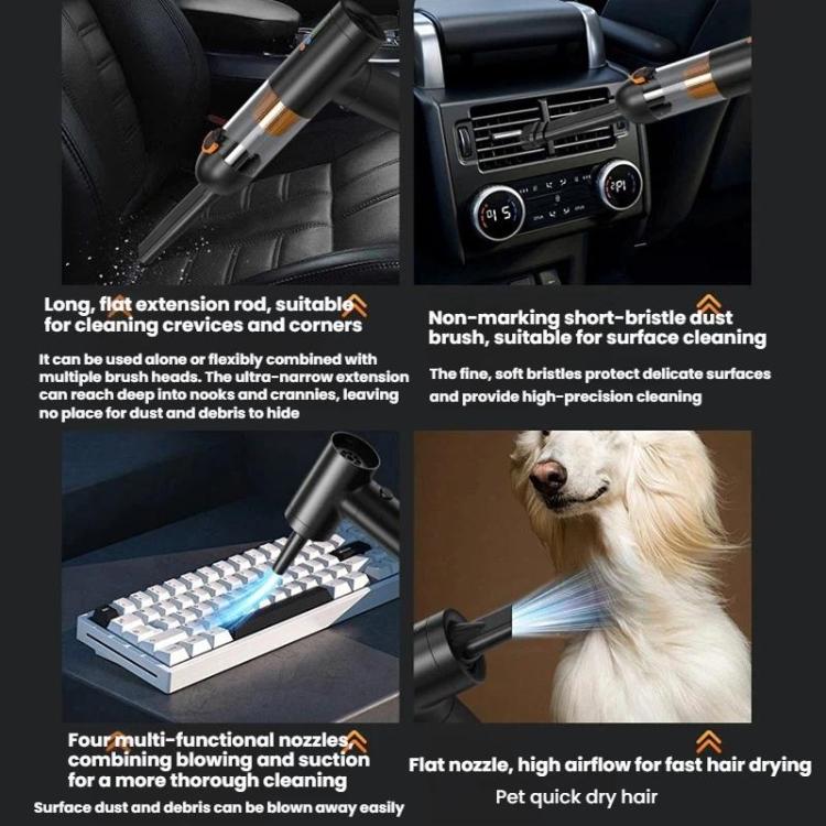 Handheld car vacuum with extension rod and flat nozzle, shown in car