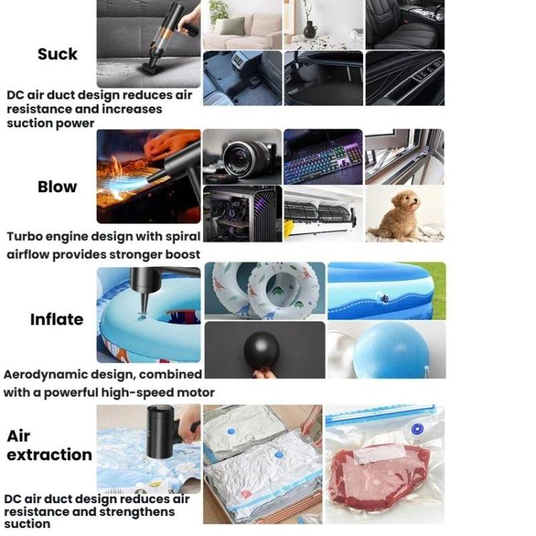 Compact handheld car vacuum with multi-function nozzle for suction, blowing, inflating