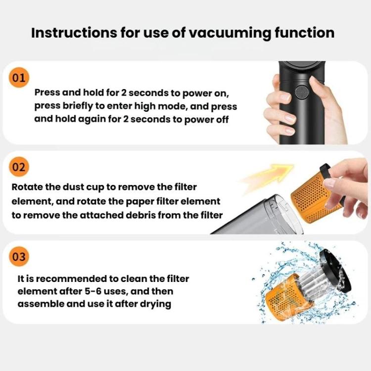 Handheld vacuum dust cup and filter element shown for suction maintenance