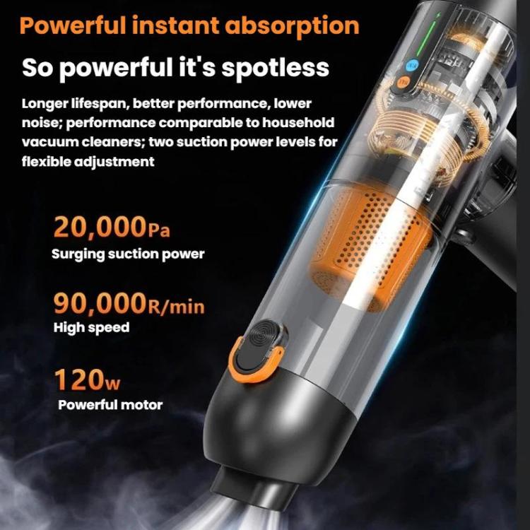 Handheld vacuum cleaner close-up with transparent dust chamber and orange filter section