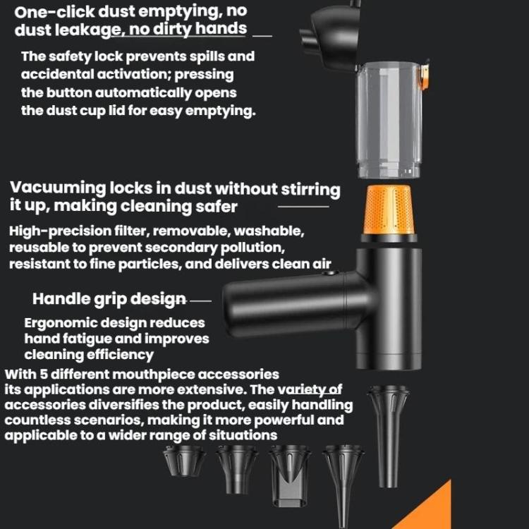 Handheld vacuum cleaner with open dust cup and multiple accessory nozzle attachments