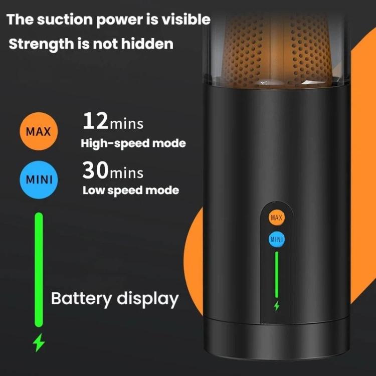 Handheld vacuum cleaner base with battery indicator lights and orange filter opening