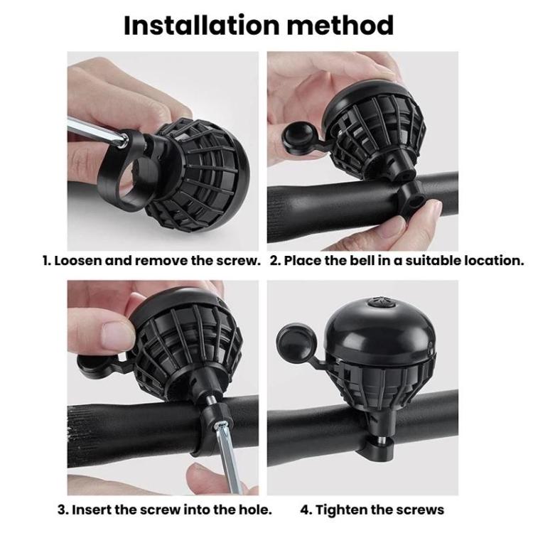 Bike thumb bell shown being installed on a handlebar with mounting screw