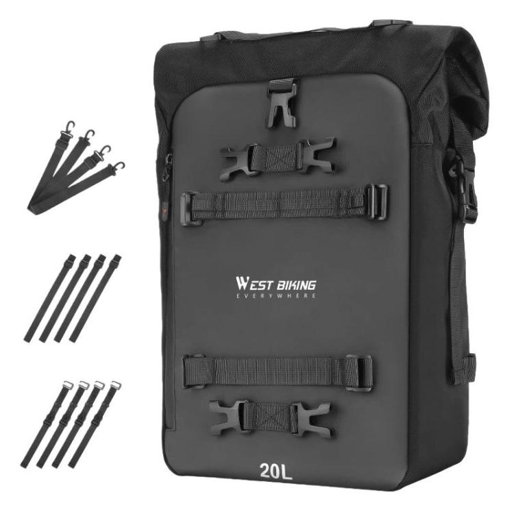 Black motorcycle rear seat bag with top roll flap and two buckle straps, 20L capacity.