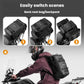 Motorcycle rear seat bag shown in three mounting configurations with modular side sections.