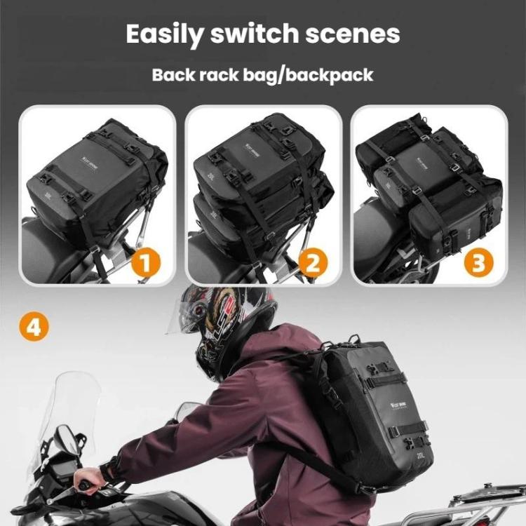 Motorcycle rear seat bag shown in three mounting configurations with modular side sections.